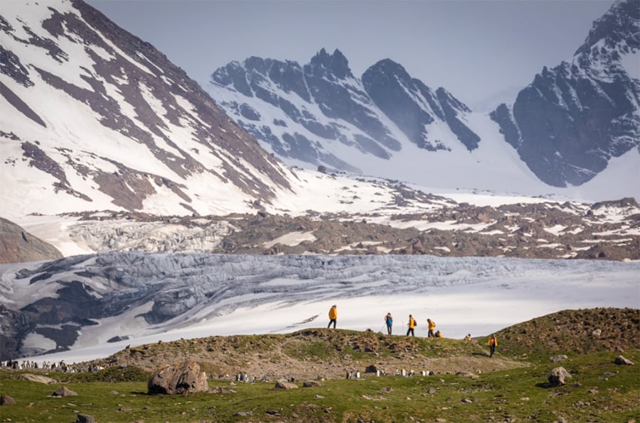 Guests pictured hiking at St. Andrew's Bay, South Georgia